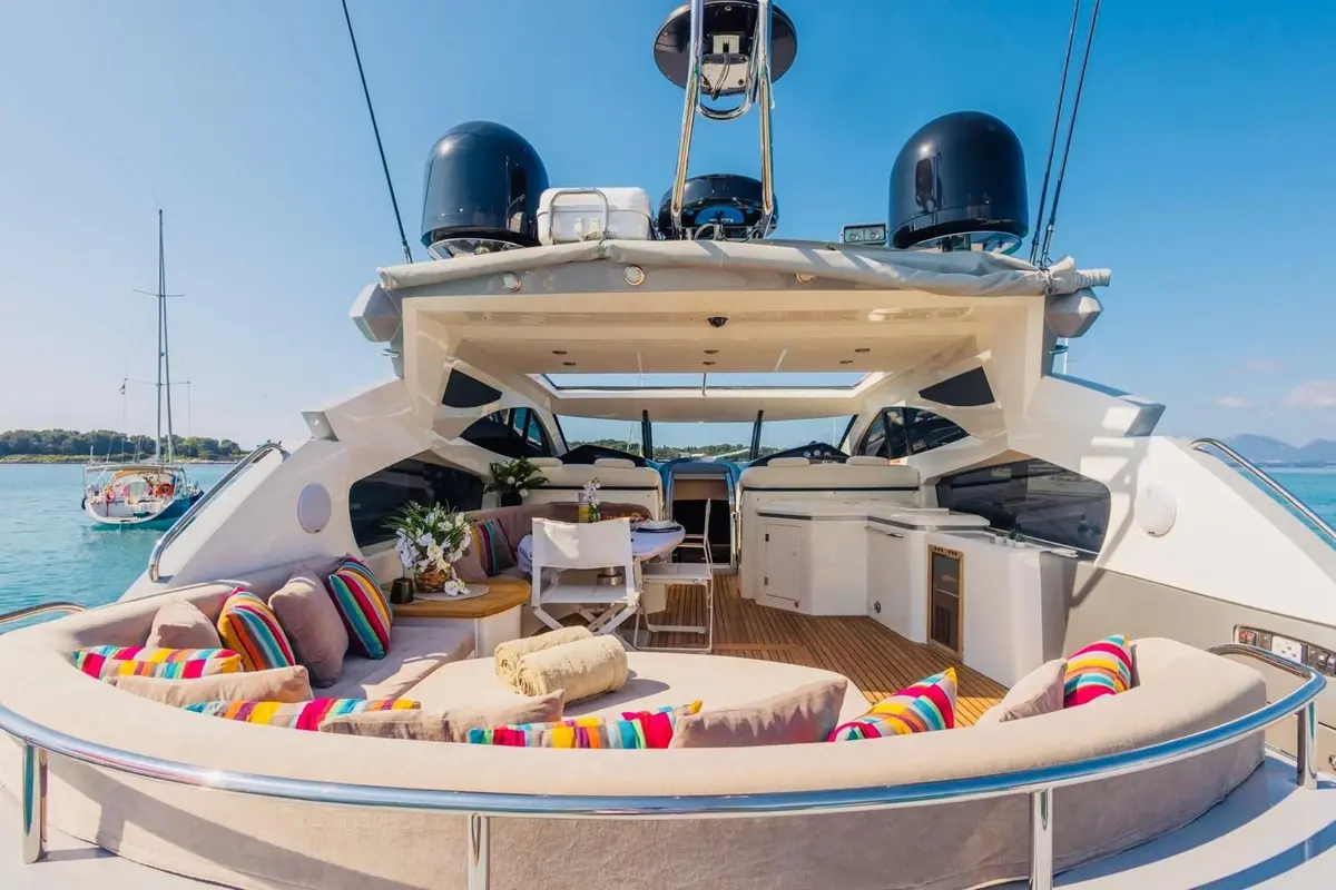 Sunseeker Predator 68, aft deck — Ibiza Yachts Hire, Ibiza. Sunseeker Predator 68 — 20m